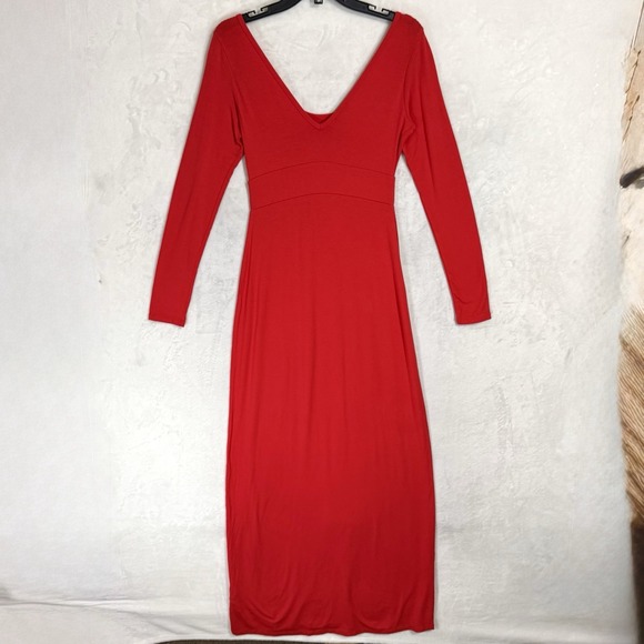 Bebe Long Sleeve Knit Maxi Dress Small Red Swarovski Crystal Rhinestone Logo USA - Picture 16 of 16
